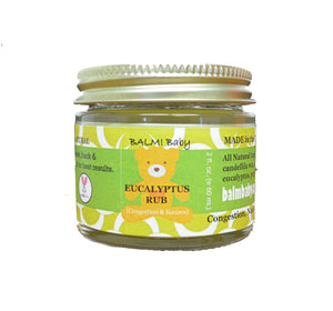 BALM! Baby – Clearing Rub (Eucalyptus) – 2oz. Glass jar – an all natural rub for chest and tummy (for congestion & nausea)